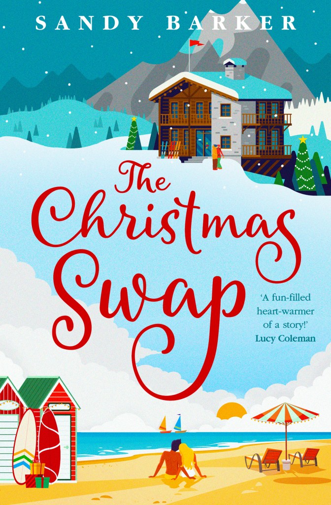 Cover of the book The Christmas Swap. A snowy scene at the top of the cover, with a ski lodge and a man and a woman. On the bottom of the cover is a beach image with bathing boxes and surfboards and a man and a woman sitting together.