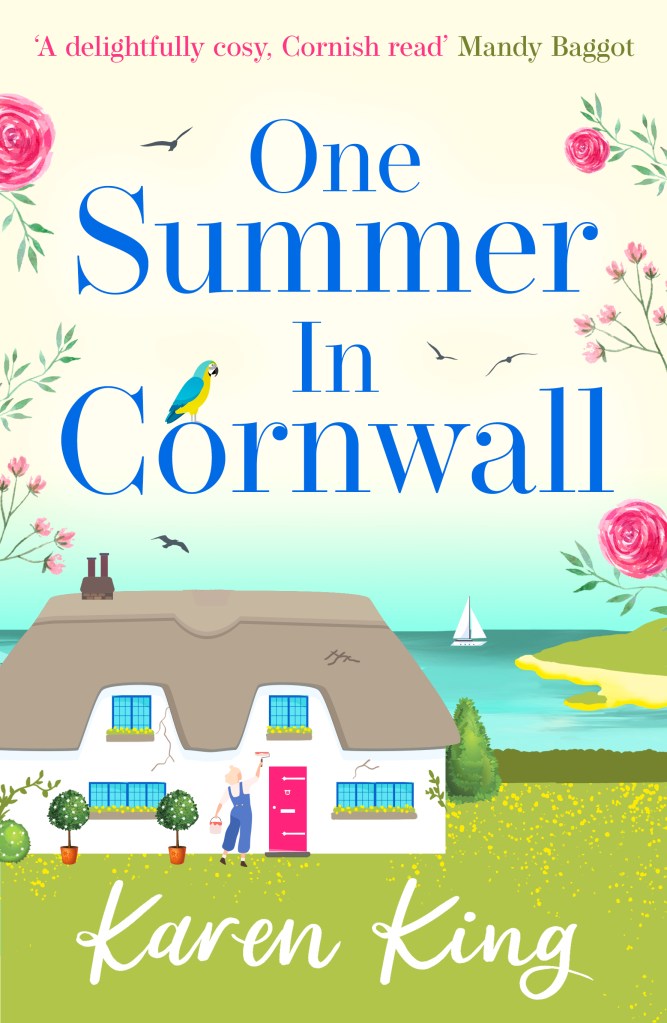Cover of the book, One Summer in Cornwall. Woman painting outside of a thatched cottage by the seaside. A boat is sailing offshore.
