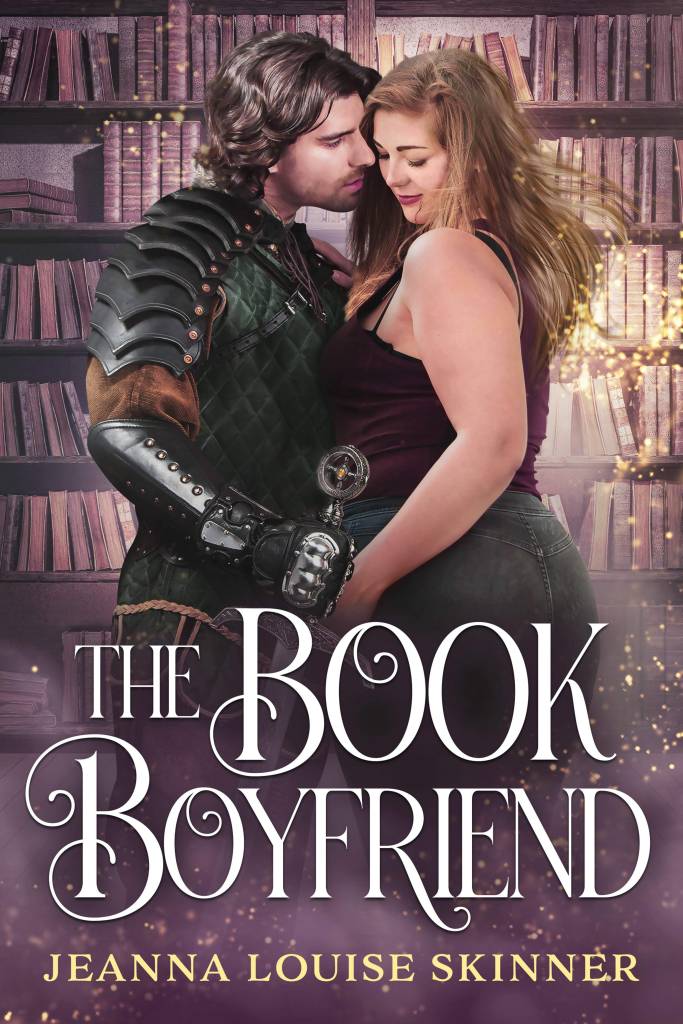 Cover of The Book Boyfriend
A very beautiful curvy woman with long reddish brown hair in a clinch with a dark-haired knight in black leather armour. Background is the bookshelves of a bookstore and there is magical 'dust' in the air. 