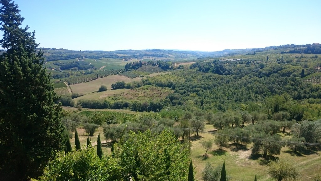 1: Tower of San Gimignano against a blue sky. 2: rolling hills of a Tuscan landscape covered in greenery, olive groves and vineyards, a tall clock tower and a building covered in ivy against a blue sky.