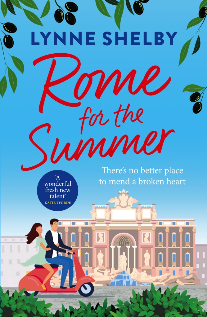 Cover of Rome for the Summer:
A dark-haired man and woman riding on a red scooter past the Victor Emanuel II monument in Rome. Tagline: There's no better place to mend a broken heart. Quote: 'A wonderful fresh new talent' - Katie Fforde.