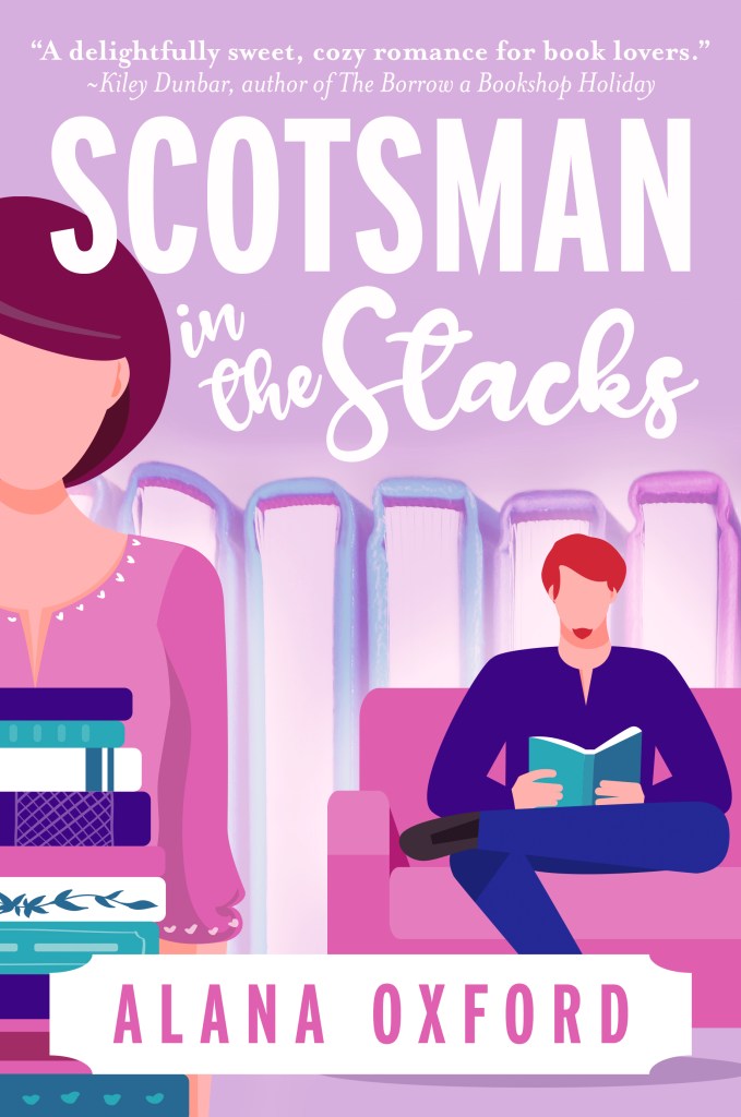 Cover of Scotsman in the Stacks. In foreground a librarian with a dark reddish brown bob, holding a stack of books. In the mid-ground, a redheaded man with a goatee reading on a sofa, one leg crossed over the other. The background is the silhouette of books. 