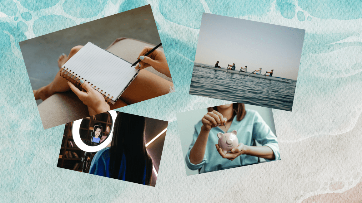 Banner with images of a team rowing, someone writing in a notebook, an influencer filming with a ring light and a woman putting coins into a piggy bank